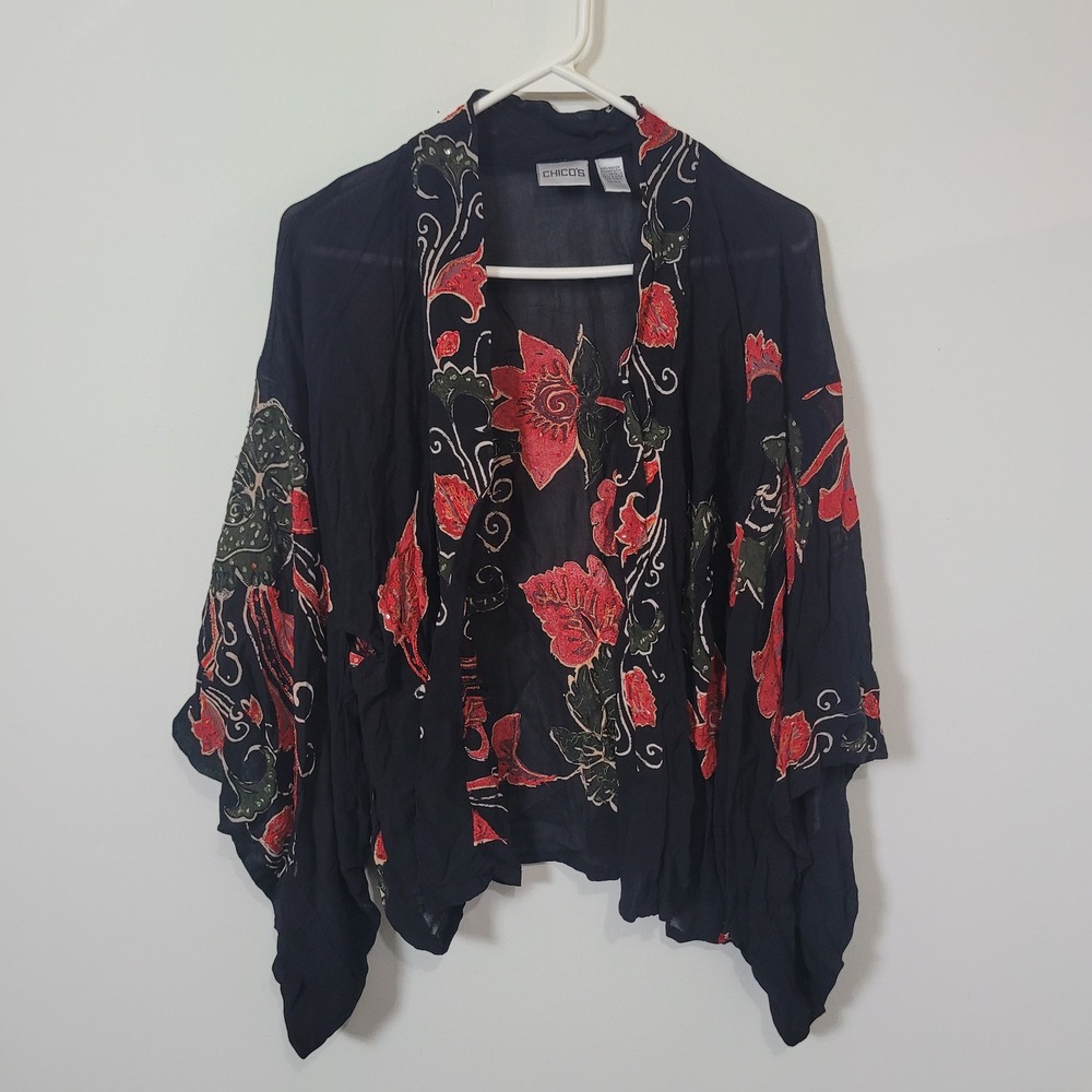 Chico's Size M/L Kimono Cardigan Womens Black Red Floral Batik Sheer Open Front